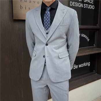Klasisks Britu Stila Vīriešu Slim Fit Divu Pogu tīrtoņa Krāsas Uzvalks Trīs Gabals, kas par Groomsmen un Kāzu svinības, Banketu