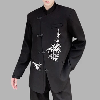 Rudens Ķīniešu Stilā Izšuvumi Vīriešiem Bleizeri Stand Apkakli, Garām Piedurknēm Metāla Plāksne Sprādzes Uzvalku, Mēteļi Streetwear Gadījuma Virsdrēbes