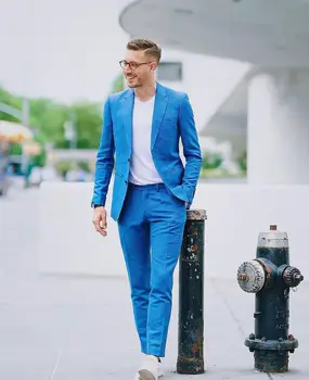 Pasūtījuma Žakete Vīriešu Uzvalki, Skaists Zils Slim Fit Līgavainis Kāzu 2 Gabals Jaka+Bikses Elegants Biznesa Apģērba Balli Personu Valkāt