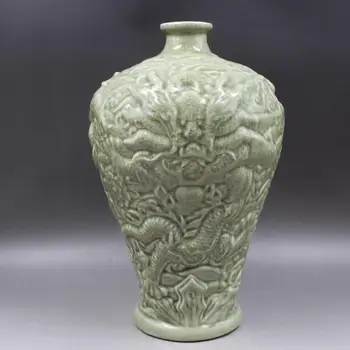 Zaļā Vintage Porcelāna Vāze Reljefs Iegravēt Pūķis Antīkās Galda Ziedu Vāze Antīko Ming Ķīnas Porcelāna Porcelāna Vāzes