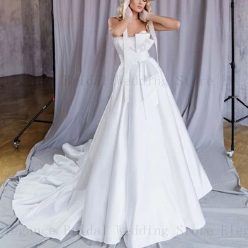 Elegants Ilgi Strapless Kāzu Kleitas Līgavas ar Baltu Satīna Priekšgala Slaucīt Vilcienu Kāzu Kleita bez Piedurknēm Kroku vestidos
