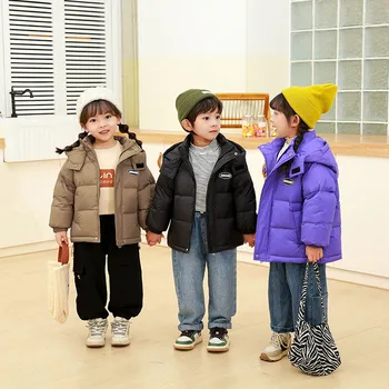 2023 Korejas Ziemas Bērni Zēni Dūnu Jaka Bērniem Zēni Uzlīme Kapuci Cietā Silts Sabiezēt Mētelis 3-8 Gadiem Zēniem Virsdrēbes Jaka