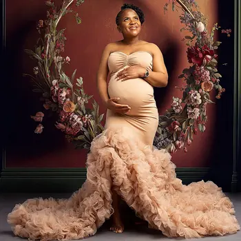 Sirēna Balles Kleitu Mīļotā Noņemams Garām Piedurknēm Grūtniecības Fotogrāfija Aksesuārus Smago Ruffles Maternitātes Kleita Sievietei