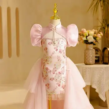 High-End Cheongsam Meitenes Trailing Kleitu Dizaina Pērlēm Bērniem Catwalk Veiktu Kāzas, Dzimšanas Dienas Puse Vakarkleita Vestidos A3482