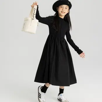 Meitenes, Melnā, Zaļā Kleitas 2024 Rudens Pavasara Jauns Bērnu Trikotāžas Salikuma Apģērbu Modē Bērniem Princese Kleita Ar Garām Piedurknēm