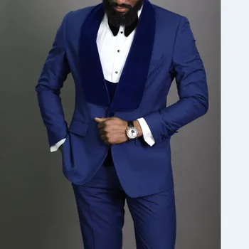 Jaunākais Līgavainis Tuxedos Kāzu 2023 Royal Blue 3 Gabali Velvet Šalle Atloks, Slim Fit Oficiālu Vīriešu Uzvalks (Žakete + Veste + Bikses)