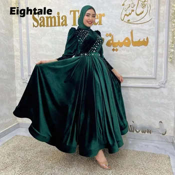 Eightale Musulmaņu arābu vakartērpi, Augsta Kakla Fāzēm Kristāli Tējas Garums garām Piedurknēm Samta Balles Kleita vestidos de fiesta