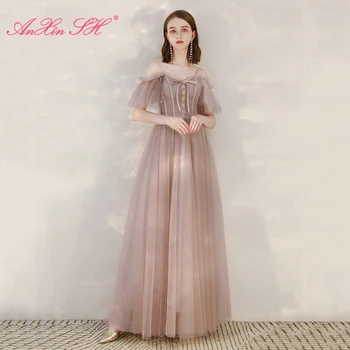 AnXin SH princess rozā rozes ziedu mežģīnes vakara kleita vintage puse spageti siksnas frēzēšana maz loku līgava vakara uzvalks