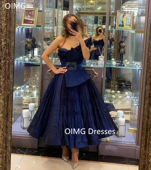 OIMG-Line Satīna Modes Saūda Viens-Plecu Vintage Balles Kleitas bez Piedurknēm, Zils Kroku Vakara Tērpi Formālā Puse Kleita
