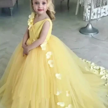 Puķu Meitene Kleitas Dzeltena Tilla Elsojošs 3D Ziedu Ar Trailing Ilgi bez Piedurknēm Kāzu Puse, Dzimšanas dienas, Banketu Princese Kleitas