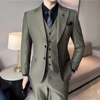 ( Žakete + Veste + Bikses ) 2023 Pavasara Luksusa Vīriešiem High-end Formālu Uzvalku Līgavainim Kāzu Uzvalku Vīriešu Darba Grupa Slim Fit Uzvalks 3 Gabalu