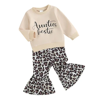 Toddler Meitene Rudenī Tērpiem Vēstuli Izdrukāt Apkalpes Kaklu garām Piedurknēm Krekli Leopards Drukāt Izlīdzināšanu Bikses 2gab Apģērbu Komplekts