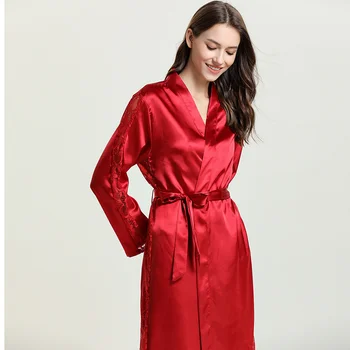 Sieviešu Satīna Zīda Miega Drēbes Sexy V-Neck Ilgi Stila Peldmēteļi Dobi Mežģīņu Un Mākslīgās Zīda Kimono Sleepwear