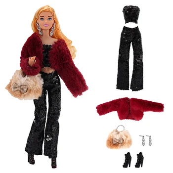 NK Oficiālais 1 Gab Ziemas apģērbs ar elegantu lelle stils: melns mētelis+sarkano augšas+bikses+auskari+soma+augsti papēži Barbie Lelle, ROTAĻLIETAS