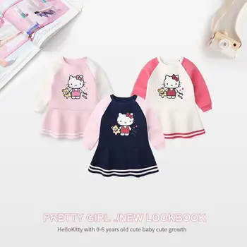 Kawaii Sanrio Hello Kitty Meiteņu Plus Samta Kleita Princese Kleita Karikatūra Anime Bērniem sporta Krekls Rudens Ziemas Bērnu Apģērbs