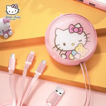 Sanrio Anime Hello Kitty Kawaii Auto Interjers Auto Trīs-In-One Datu Kabelis, Universāls Android Apple Tipa C Ātra Uzlāde