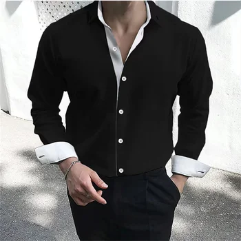 Vīriešu krekls ar garām piedurknēm vintage modelis melna pelēka mīksts, ērts mīksts apģērbu plus lieluma krekls