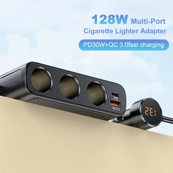128W 7-in-1 Automašīnas piepīpētāja Ligzdas Sadalītājs LED Spriegums Displejs PD30W QC3.0 Auto Lādētāja Adapteris 12-24V DC Cigarešu Kontaktligzdas