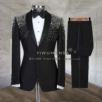 Modes Vīriešu Uzvalku Melnā Vienu Krūtīm, Žakete Formālās Līgavainis Kāzu Uzvalku Tailore Veikti 2 Gabali Biznesa Balli Puse Drēbes 2023