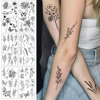 1GB Skiču Ziedu Tetovējumu Uzlīmes Melnā Datura Rokas Kājas Tetovējums Pagaidu Ūdensizturīgs Ilgstošu Sexy Tetovējumu Uzlīmes Sieviešu Ķermeņa