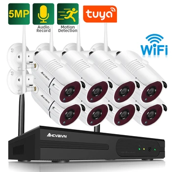 5,0 MP Iebūvēts Mikrofons CCTV Bezvadu Drošības Kameru Sistēmas 5MP 8CH Tuya VRR Komplekts Āra Mājas Bezvadu Bullet Cam Video Novērošanas Komplekts