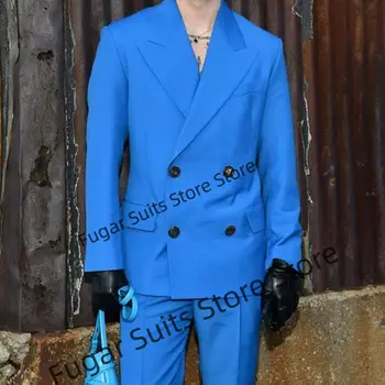 Korejiešu Versija Dubultā Krūtīm, Zils Kāzu Uzvalki Vīriešu Slim Fit Oficiālu Līgavainis Balli Tuxedos Elegants 2 Gabali Komplekti(Jaka+Bikses)