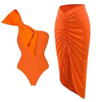 Peldkostīmi Viens Gabals Sieviešu Beachwear Bikini 2023 Peldēties Uzvalku Jaunu Un Seksīgu Plecu Šifona Sadalīt Pludmales Svārki Uzstādīt Cietā Spandex