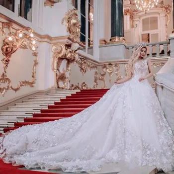 Krāšņs Saūda Arābija Vestido De Noiva 3D Ziedu Mežģīnes, balles Kleitas, kāzu kleitas Casamento Royal Vilcienu Kristāla Vintage