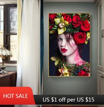 Ziemeļvalstu plakātu meitene dekoratīvās glezniecības abstrakts skaistums portrets mūsdienu vienkārši dzīvojamā istabā pie sienas karājas ziedi